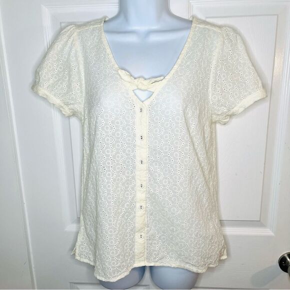 Modcloth Polished Touch Cotton Eyelet Blouse Puff Sleeves Tie Front Ivory M - Picture 5 of 13